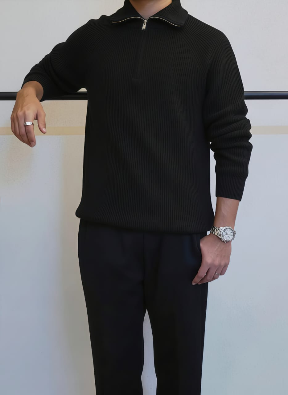 Men's Beige Half-Zip Ribbed Knit Sweater