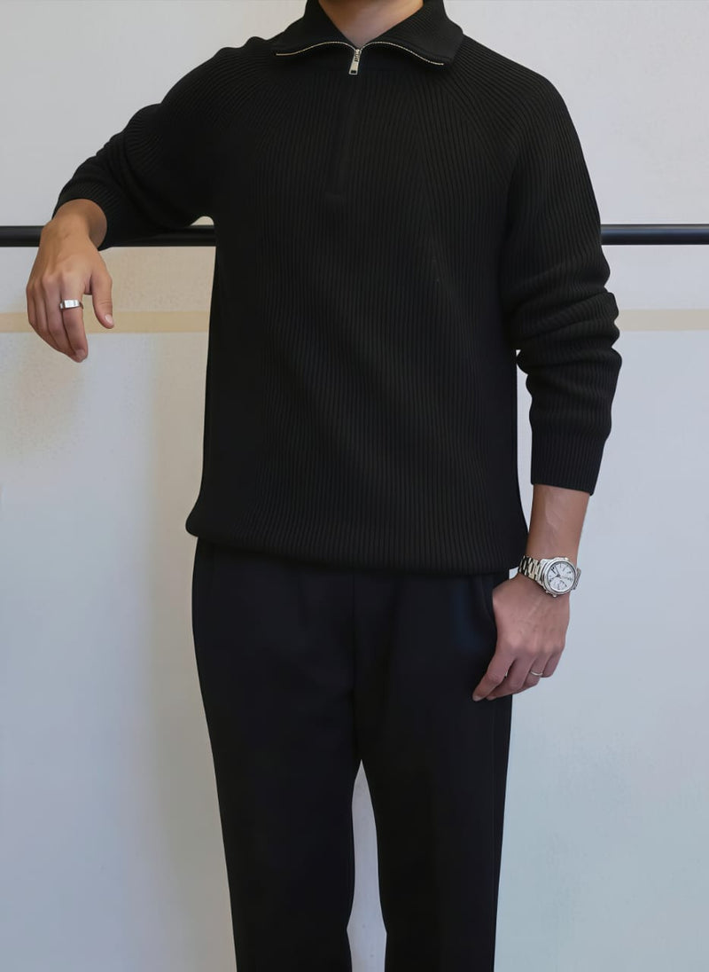 Men's Beige Half-Zip Ribbed Knit Sweater