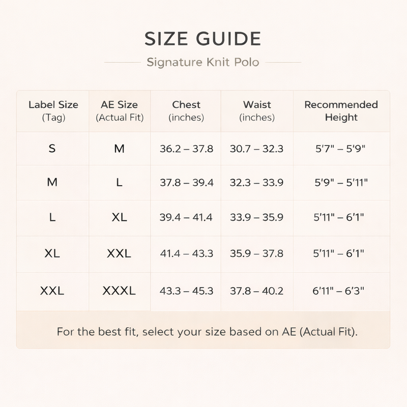 Size chart for Men’s Premium Knit Polo – Signature Comfort Fit