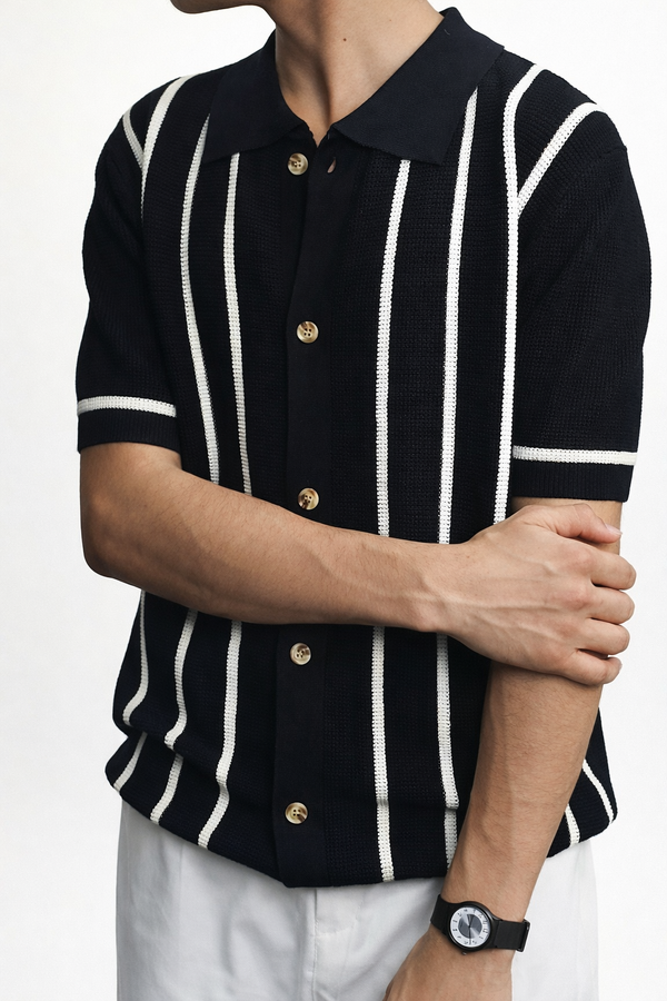 Men's Striped Knit Button-Up Polo Shirt