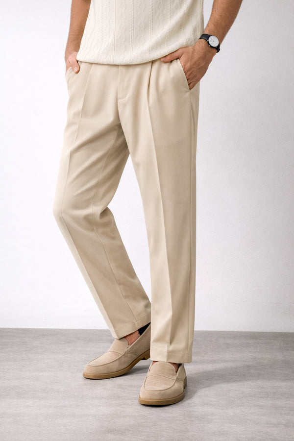 Men's Beige Pleated Straight Fit Trousers