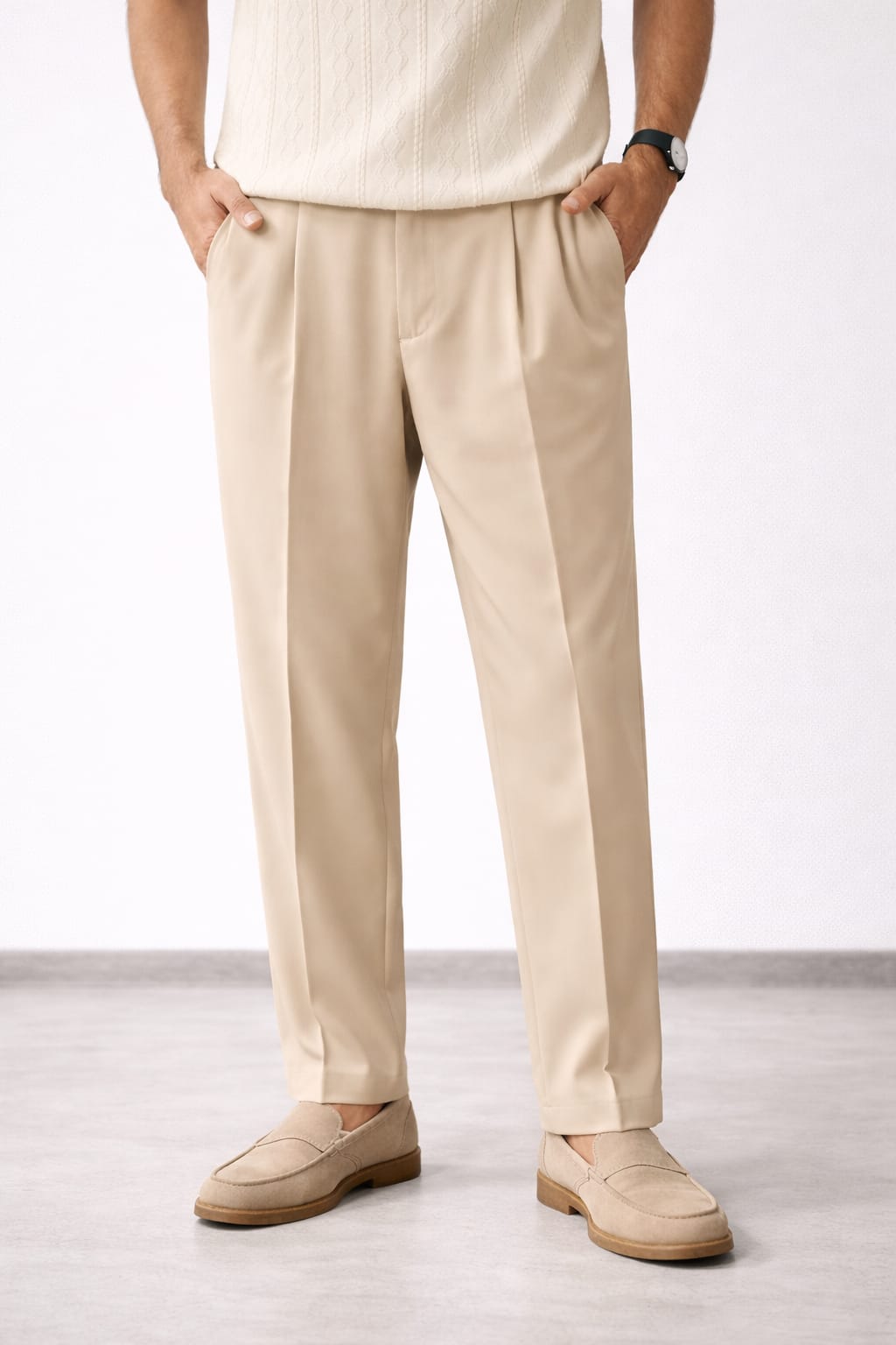 Men's Beige Pleated Straight Fit Trousers