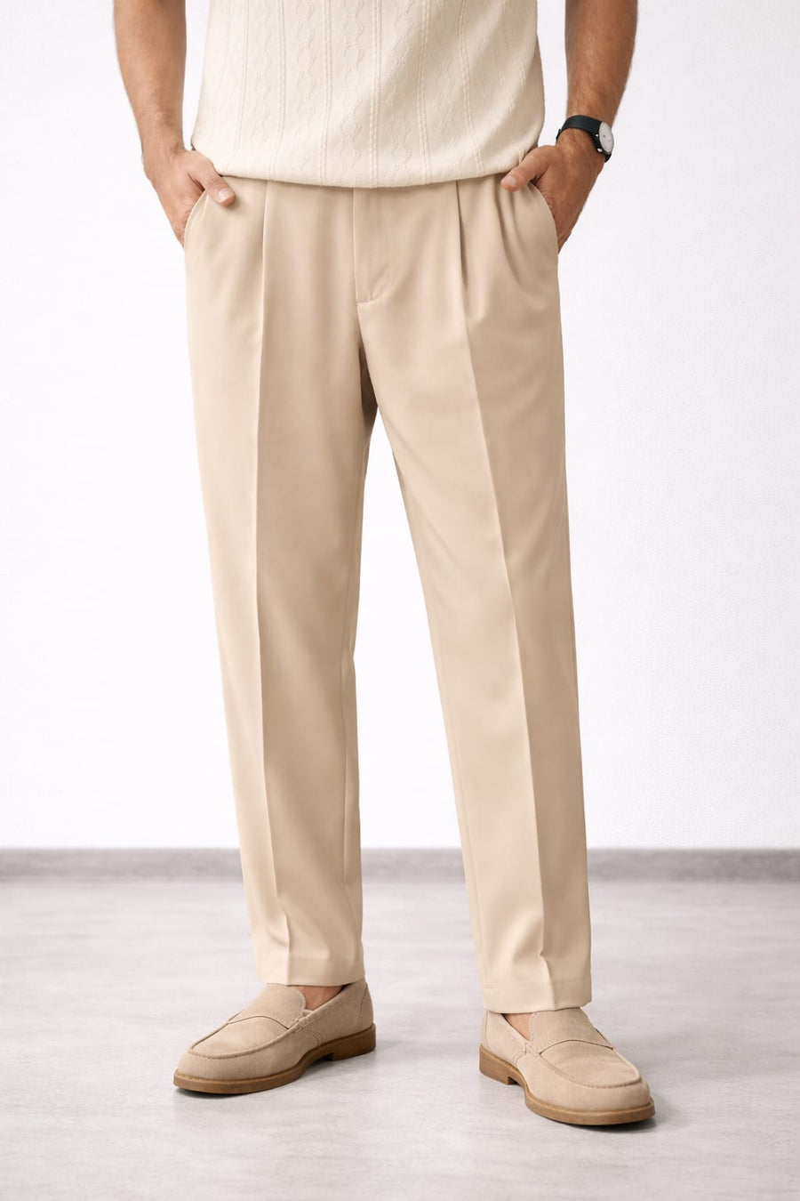 Men's Beige Pleated Straight Fit Trousers