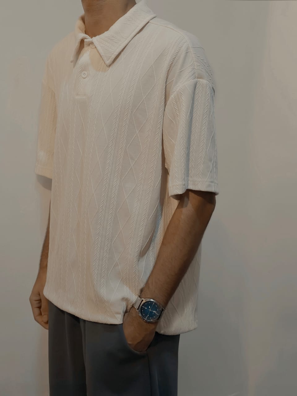 Elite Textured Knit Polo – Premium Cream White