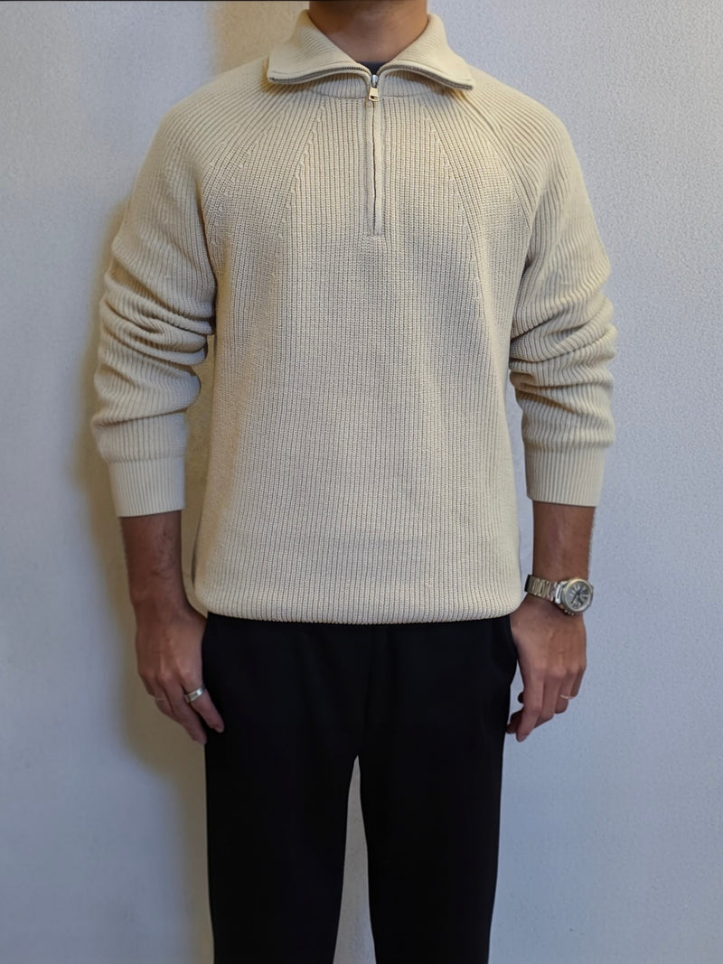 Men's Beige Half-Zip Ribbed Knit Sweater