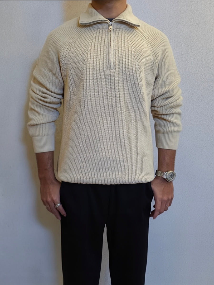 Men's Beige Half-Zip Ribbed Knit Sweater