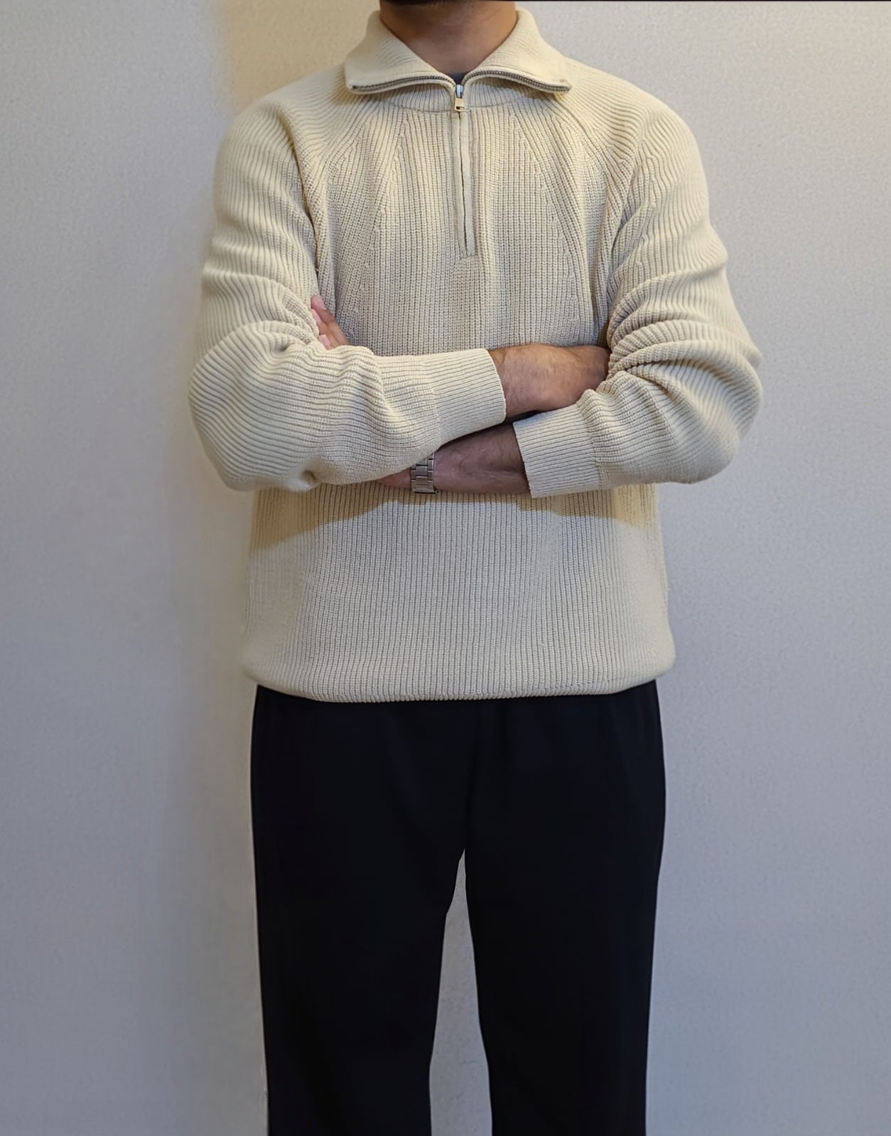 Men’s Premium Beige Half-Zip Ribbed Knit Sweater