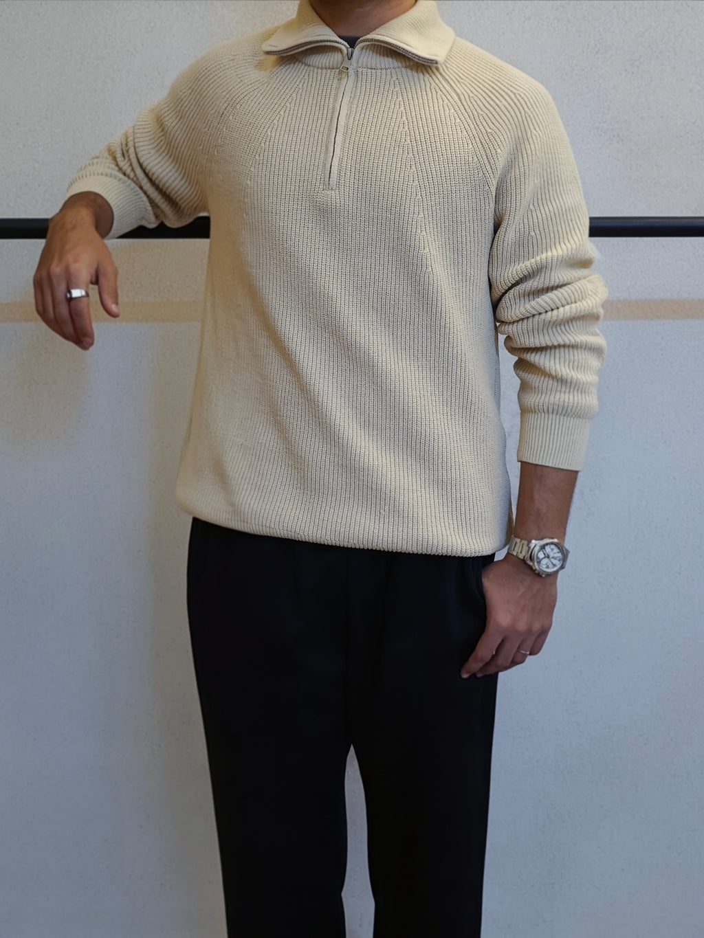 Men's Beige Half-Zip Ribbed Knit Sweater