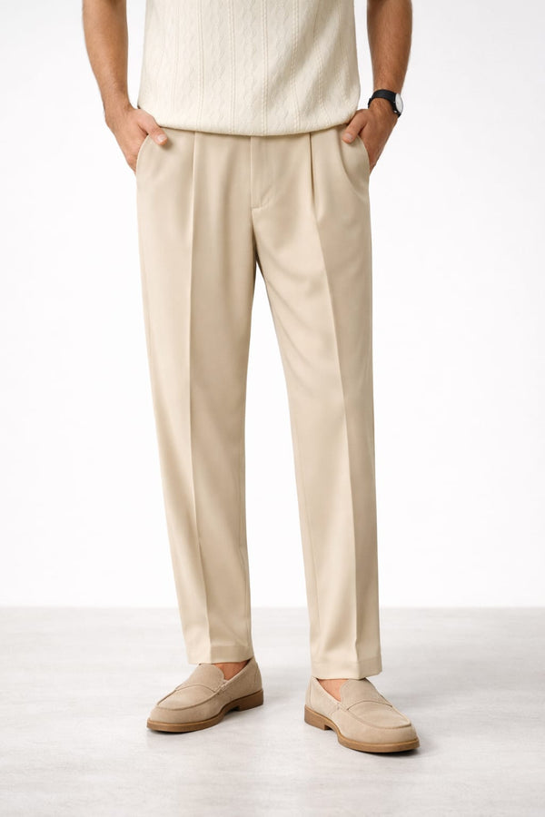 Men's Beige Pleated Straight Fit Trousers