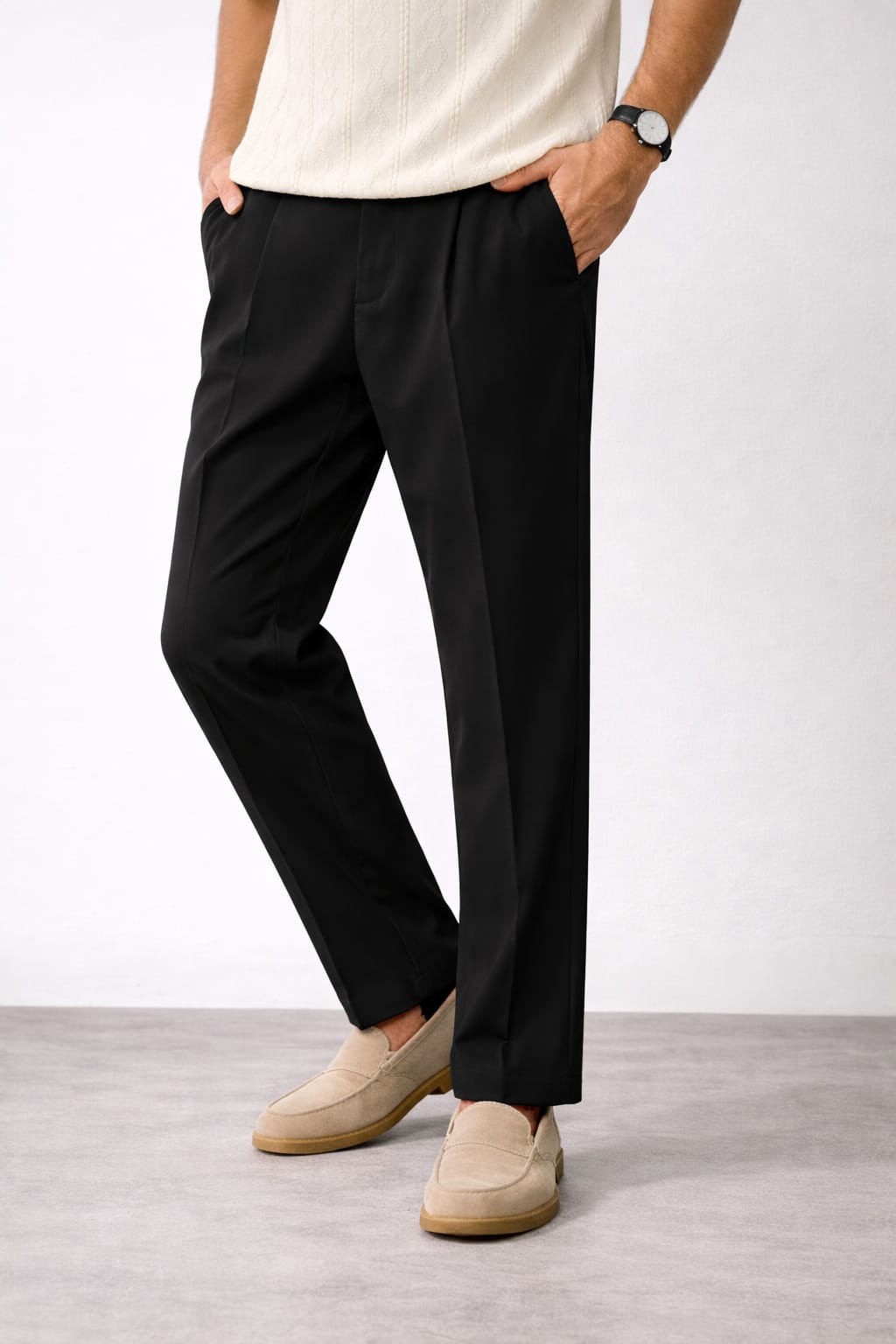 Men's Beige Pleated Straight Fit Trousers