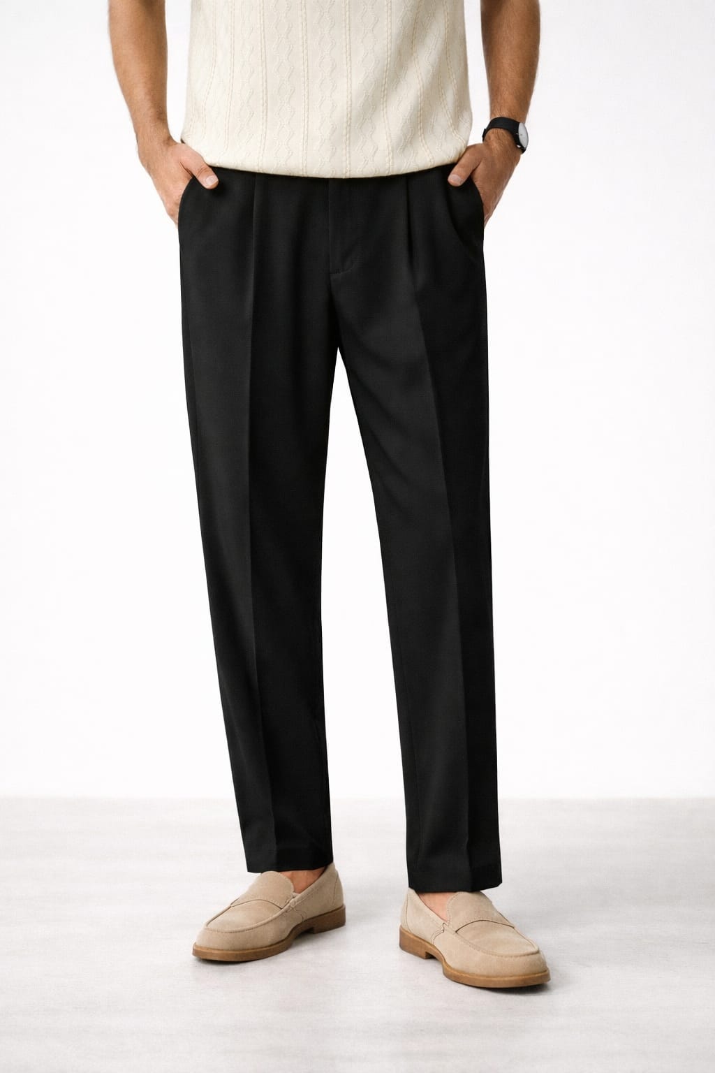 Men's Beige Pleated Straight Fit Trousers