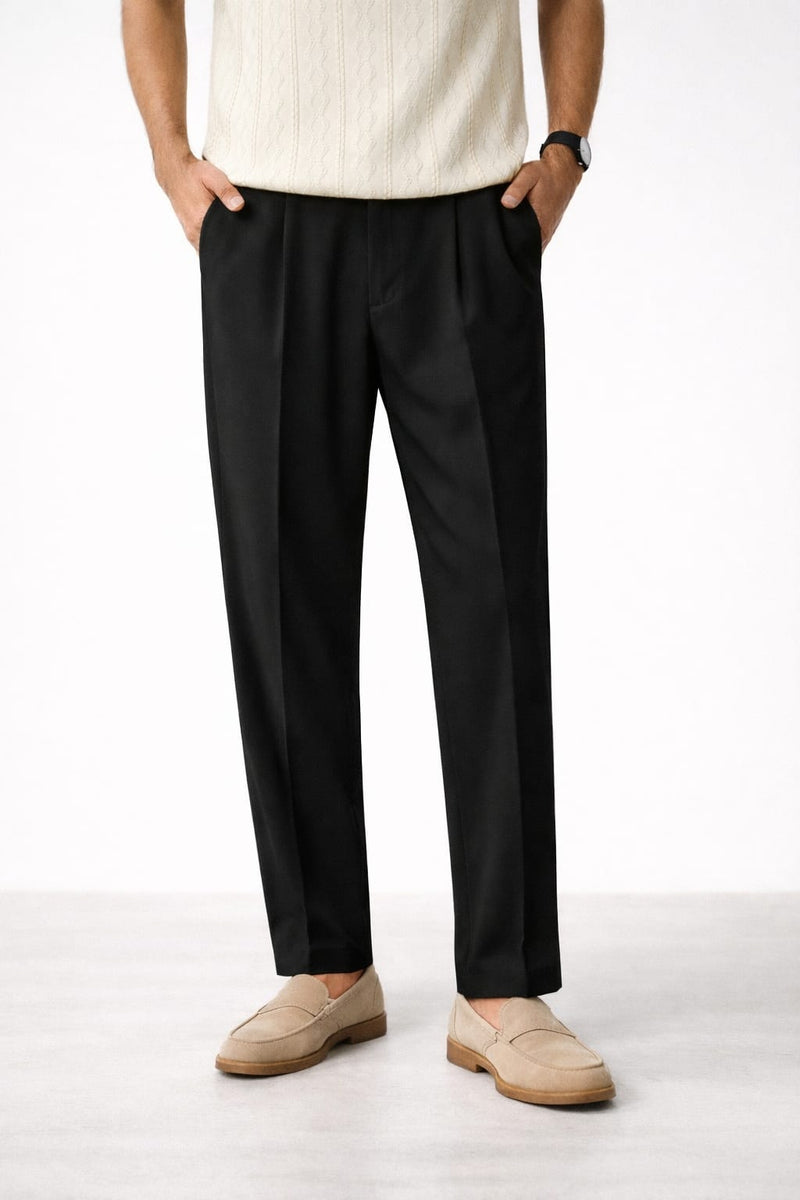 Men's Beige Pleated Straight Fit Trousers