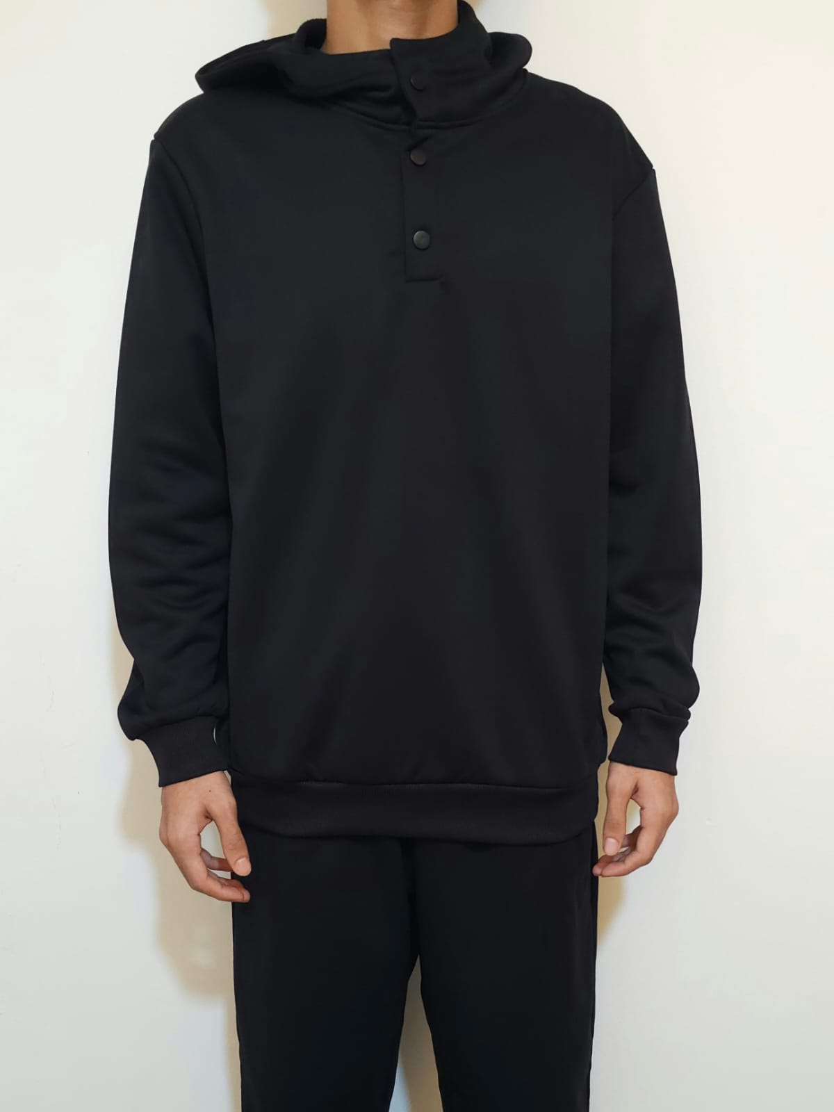 Men's Black Snap-Button Fleece Hoodie and Straight-Leg Sweatpants Set