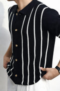 Men's Striped Knit Button-Up Polo Shirt