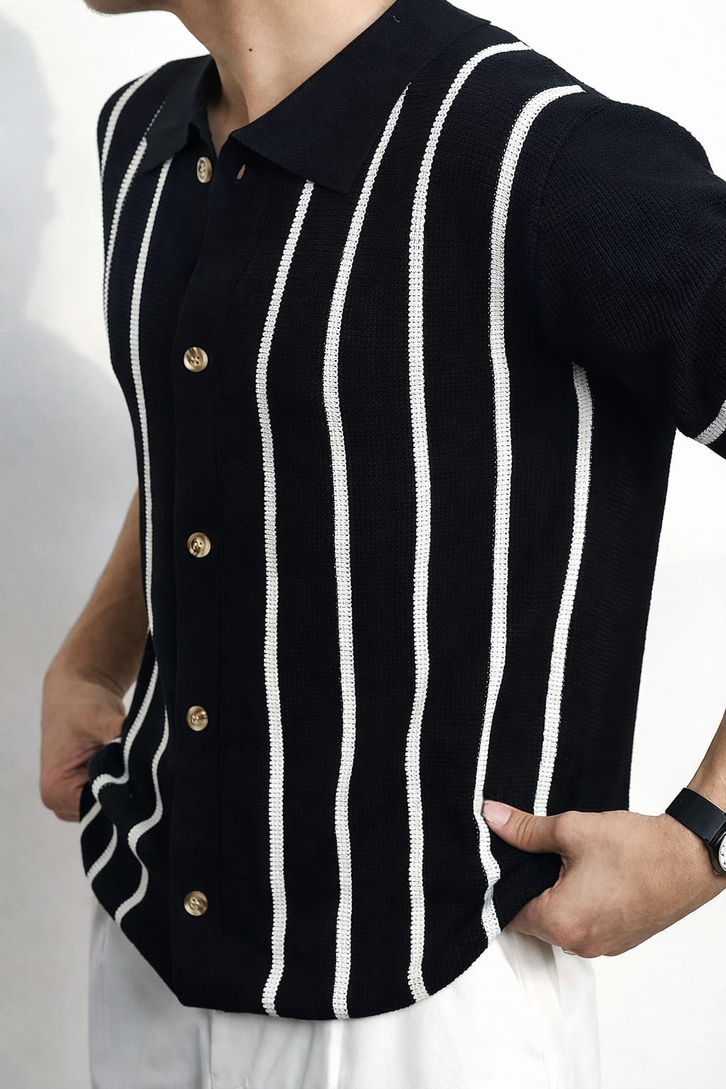 Men's Striped Knit Button-Up Polo Shirt