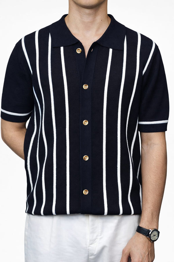Men's Striped Knit Button-Up Polo Shirt