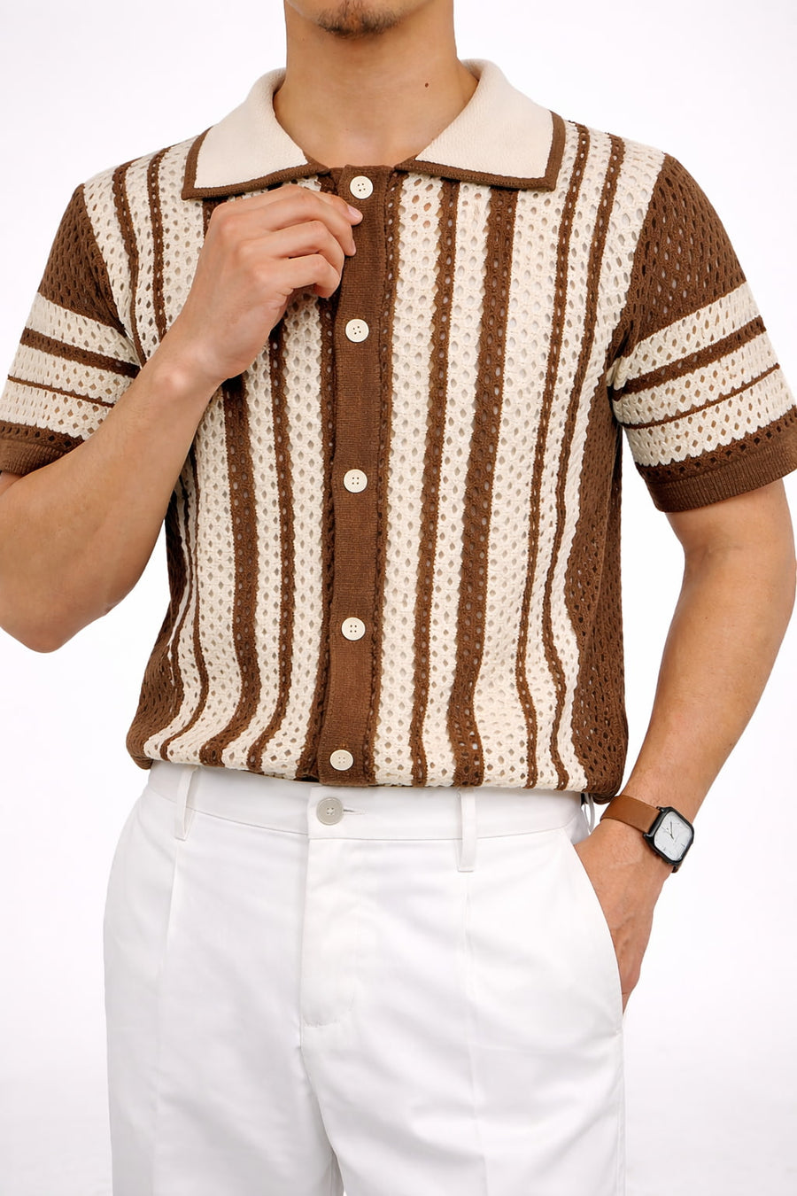 Men’s Crochet Knit Shirt – Brown & Cream Striped Summer Shirt