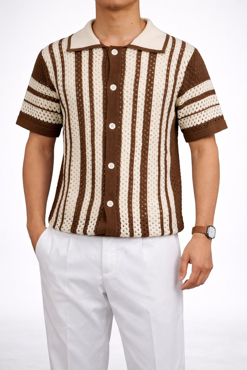 Men’s Crochet Knit Shirt – Brown & Cream Striped Summer Shirt