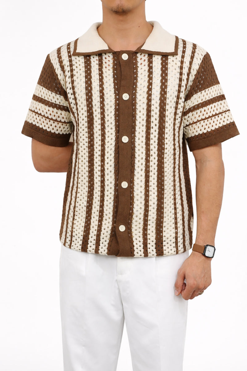 Men’s Crochet Knit Shirt – Brown & Cream Striped Summer Shirt