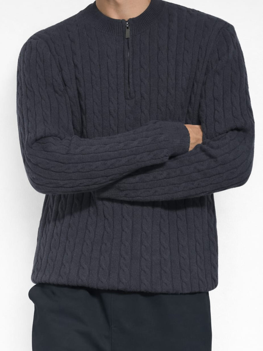 Men's Navy Cable Knit Mock Neck Sweater