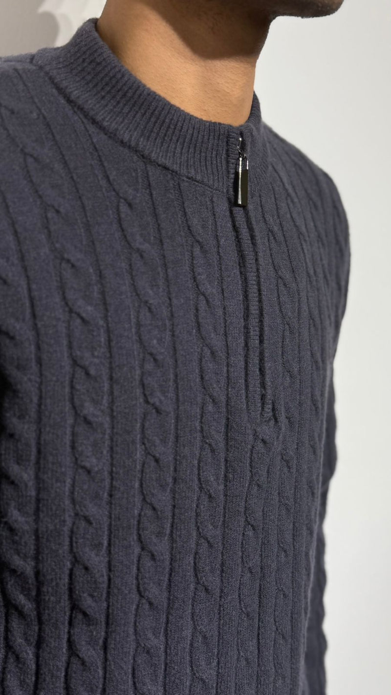 Men's Navy Cable Knit Mock Neck Sweater
