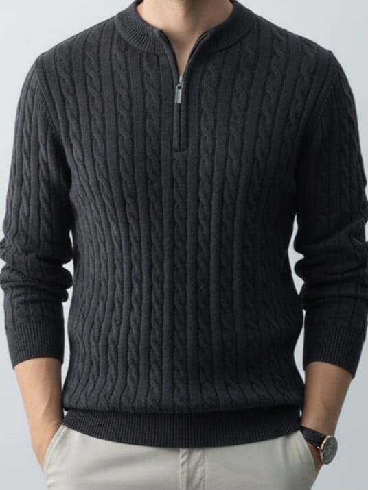 Men's Navy Cable Knit Mock Neck Sweater