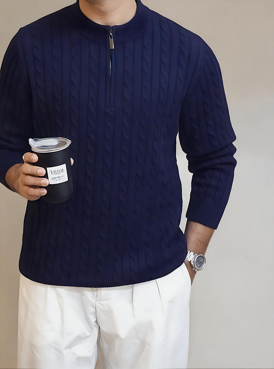 Men's Navy Cable Knit Mock Neck Sweater