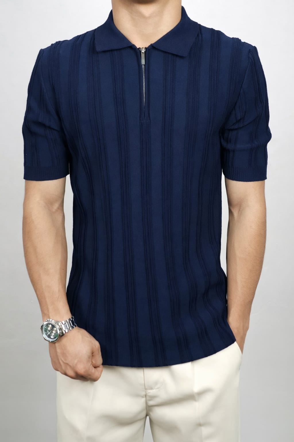 Men’s Signature Ribbed Knit Zip Polo – Tailored Fit