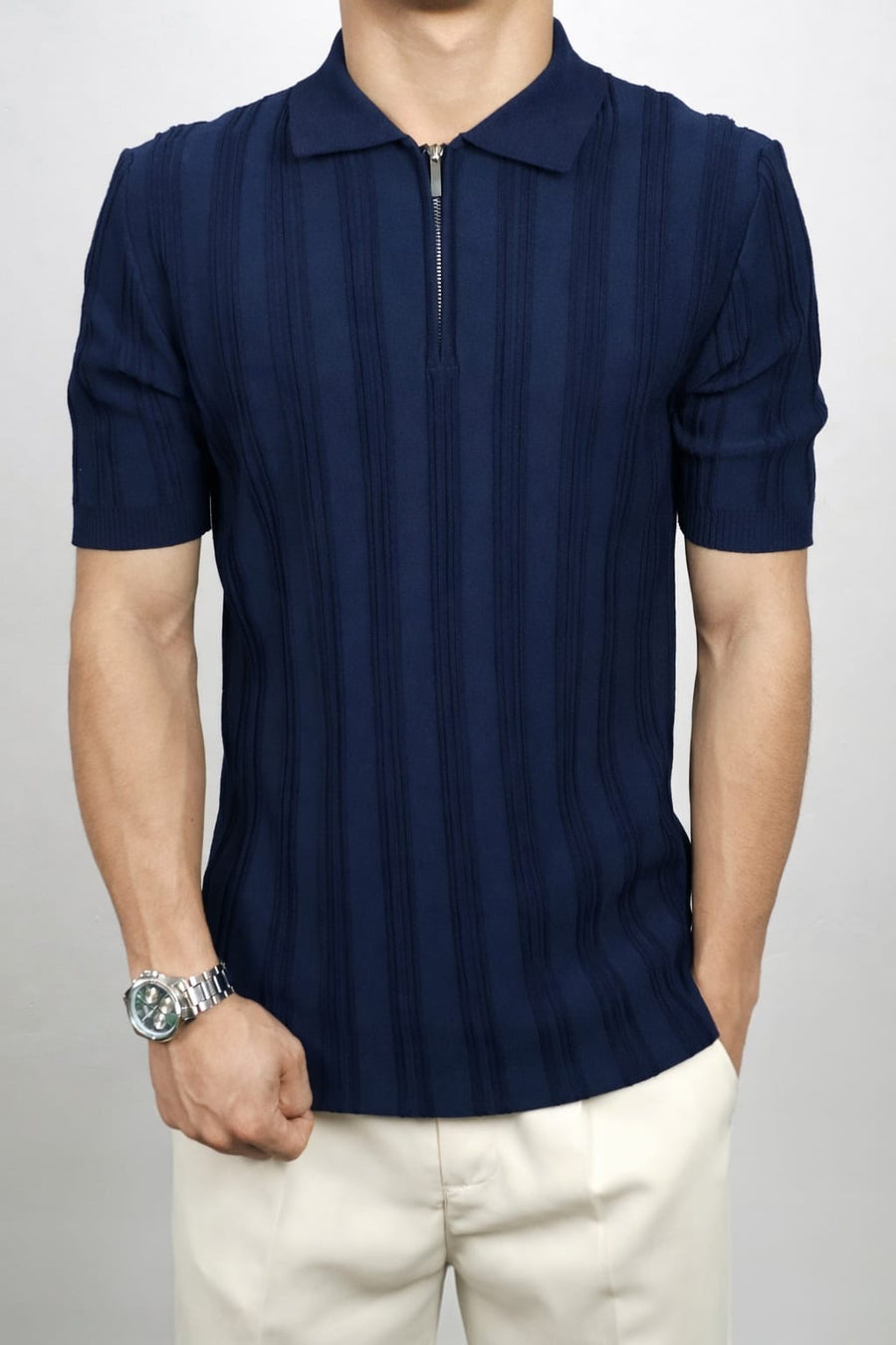 Men’s Signature Ribbed Knit Zip Polo – Tailored Fit