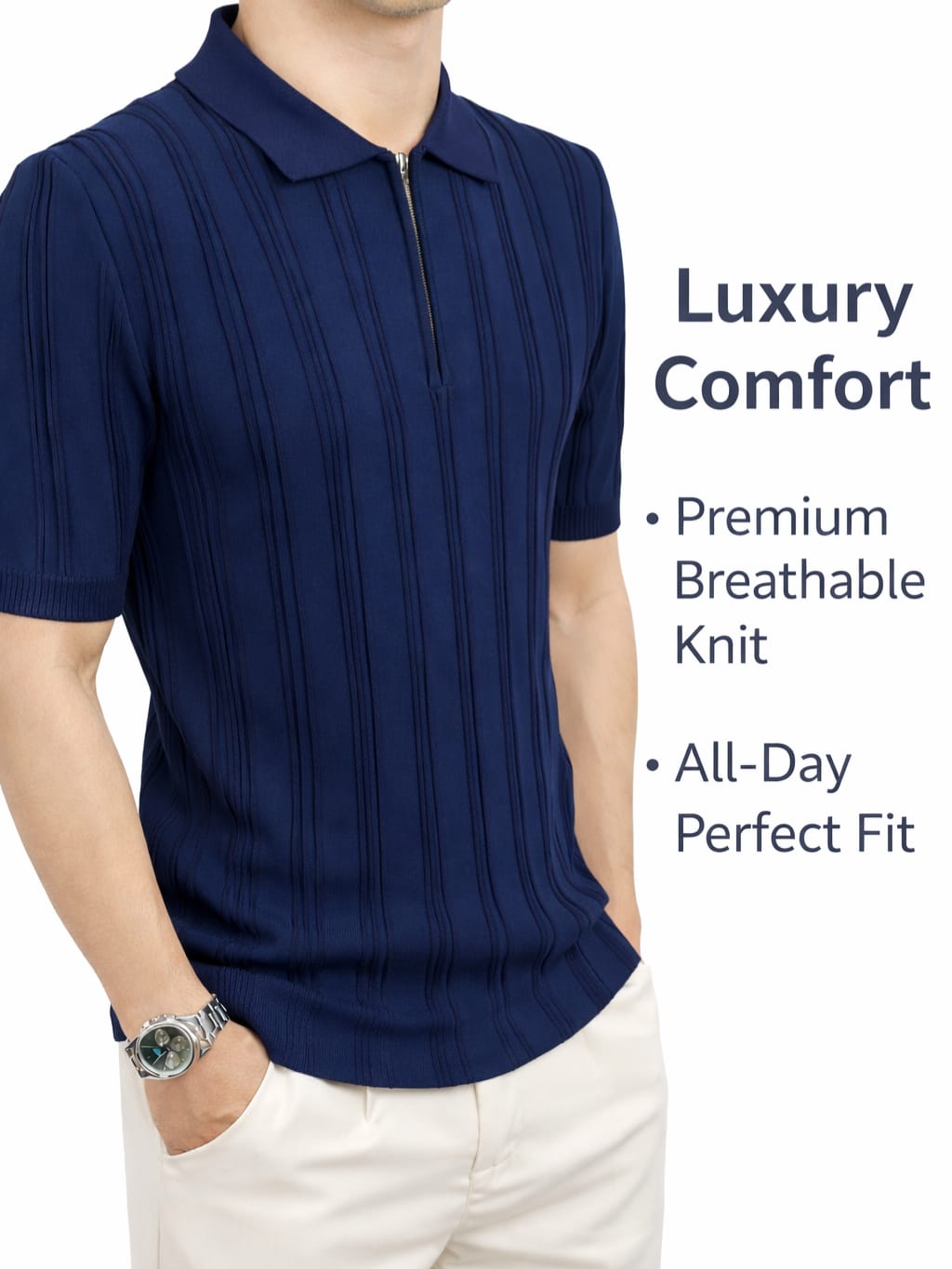 Men’s Signature Ribbed Knit Zip Polo – Tailored Fit