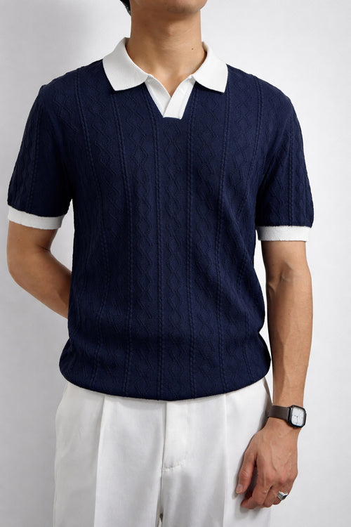 Premium Cable Knit Polo – White & Navy