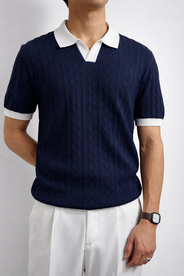 Premium Cable Knit Polo – White & Navy
