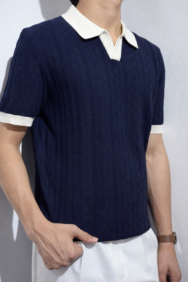 Premium Cable Knit Polo – White & Navy