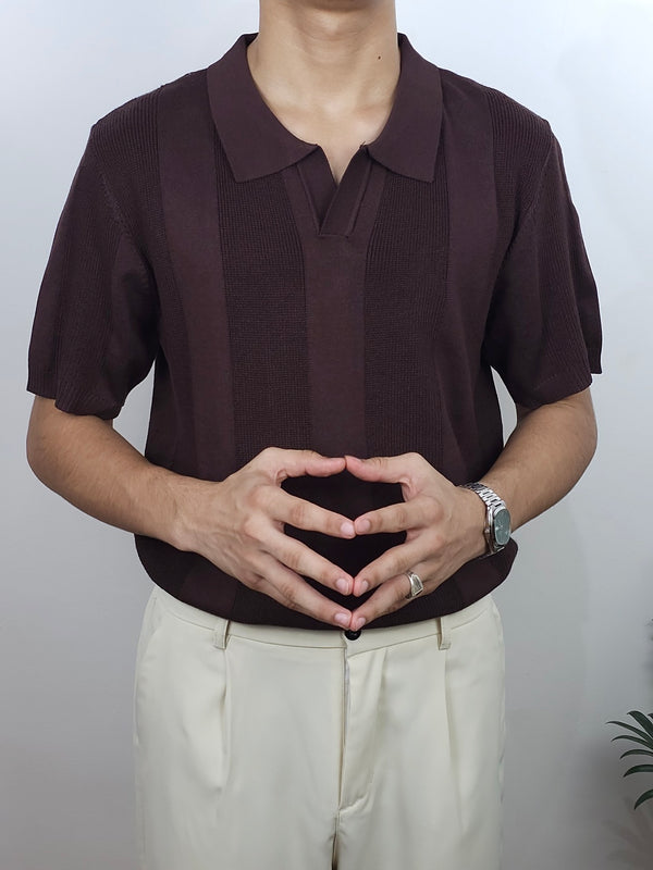 Men's Ribbed Panel Open Collar Polo