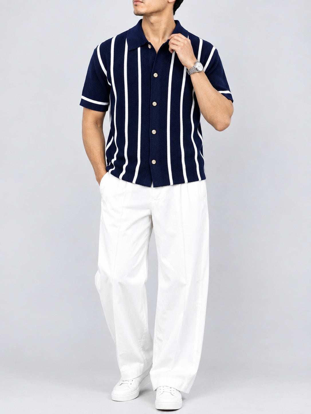 Men's Navy Striped Knit Button-Up Polo
