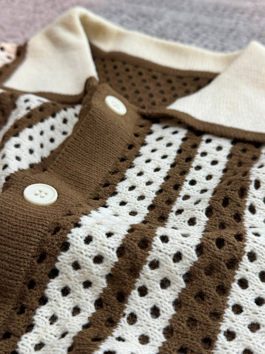 Men’s Crochet Knit Shirt – Brown & Cream Striped Summer Shirt