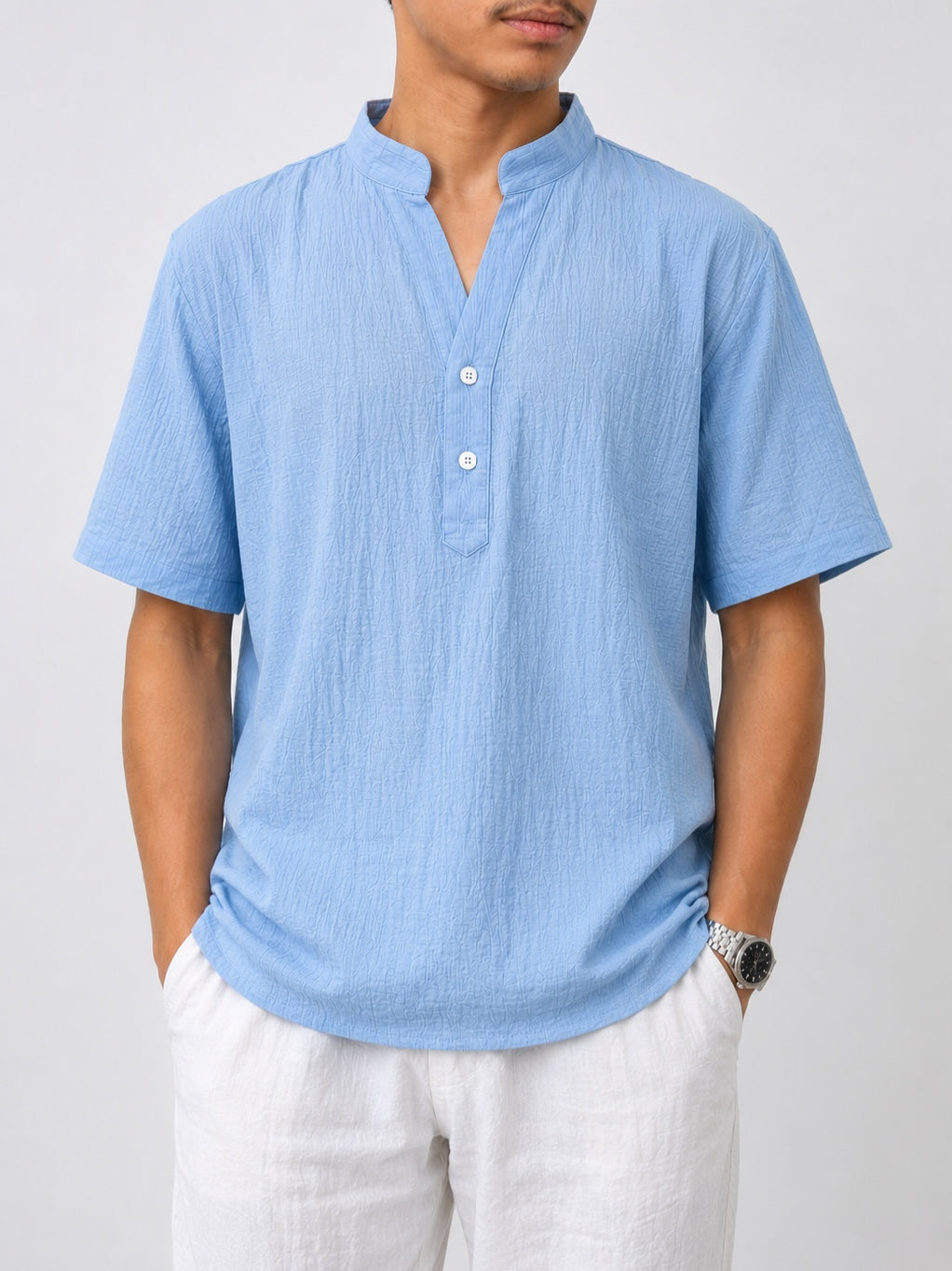 Men's Sky Blue Band Collar Half-Button Shirt