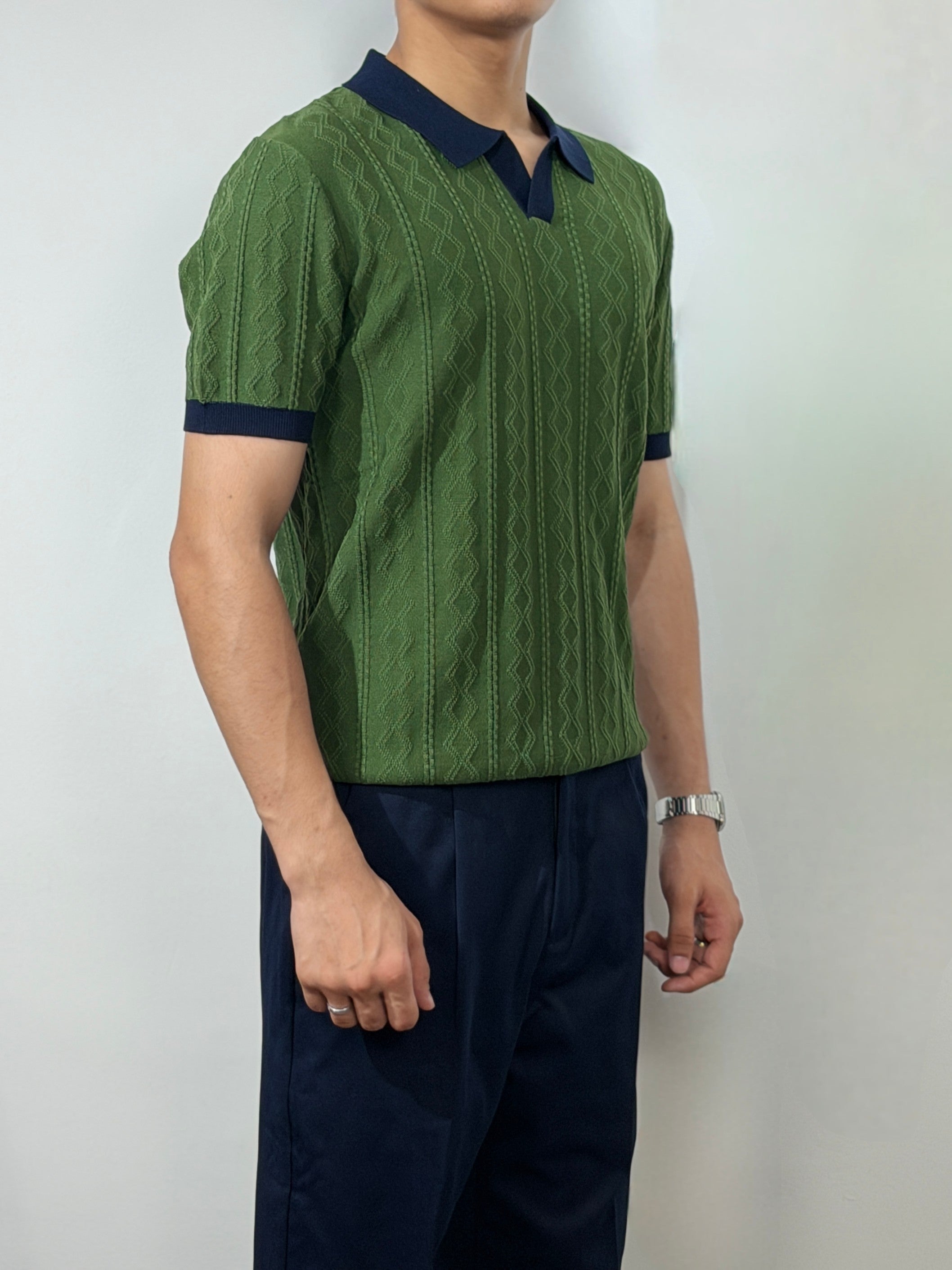 Men's Cream Ribbed Knit Polo – Open Collar