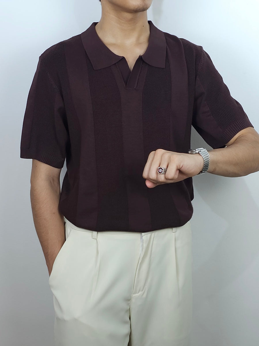 Men's Ribbed Panel Open Collar Polo