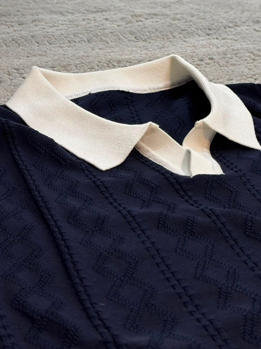 Premium Cable Knit Polo – White & Navy