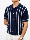 Men's Navy Striped Knit Button-Up Polo