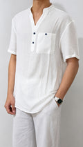 Men's White Band Collar Half-Button Shirt