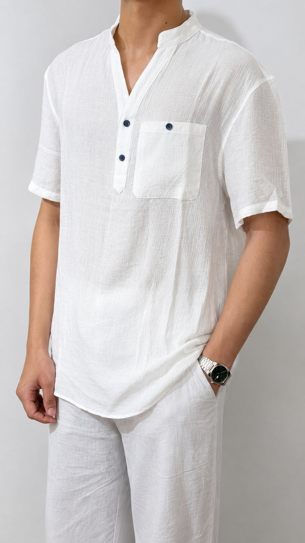 Men's White Band Collar Half-Button Shirt
