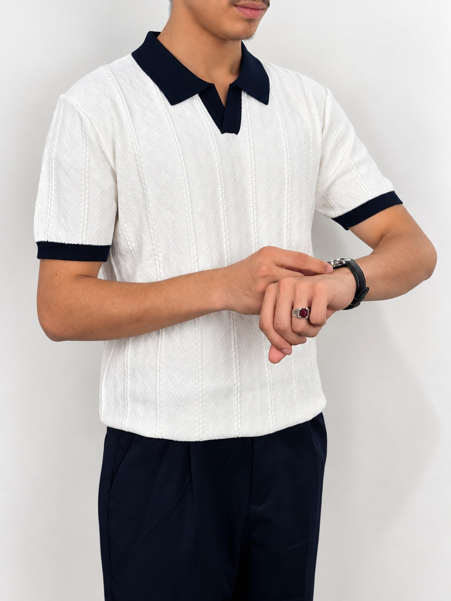 Premium Cable Knit Polo – White & Navy
