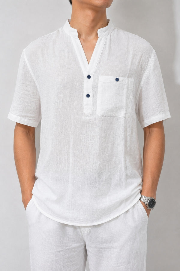 Men's White Band Collar Half-Button Shirt