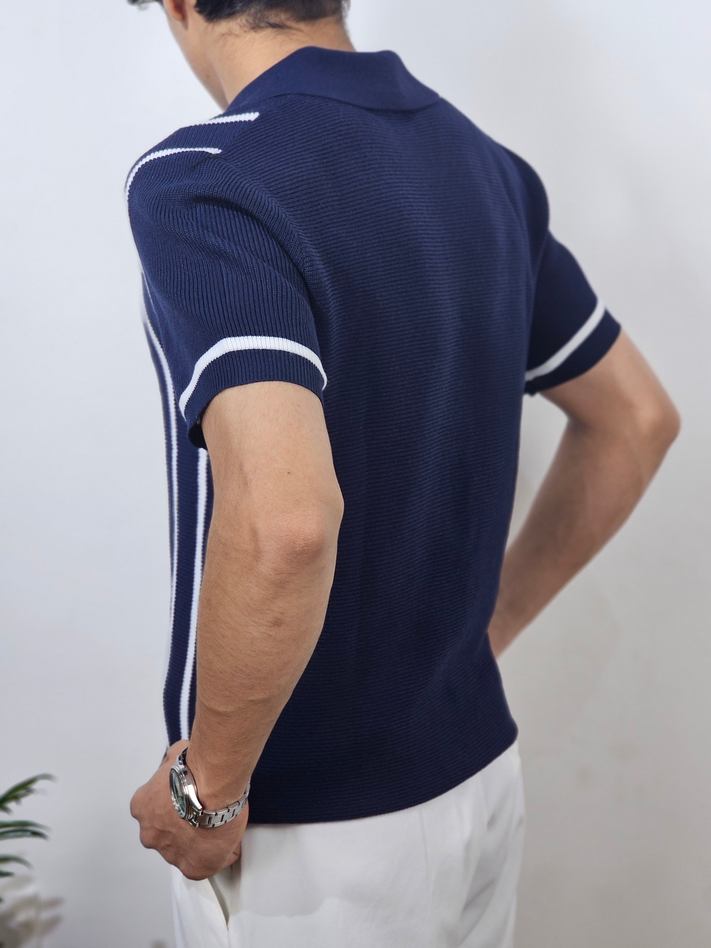Men's Navy Striped Knit Button-Up Polo