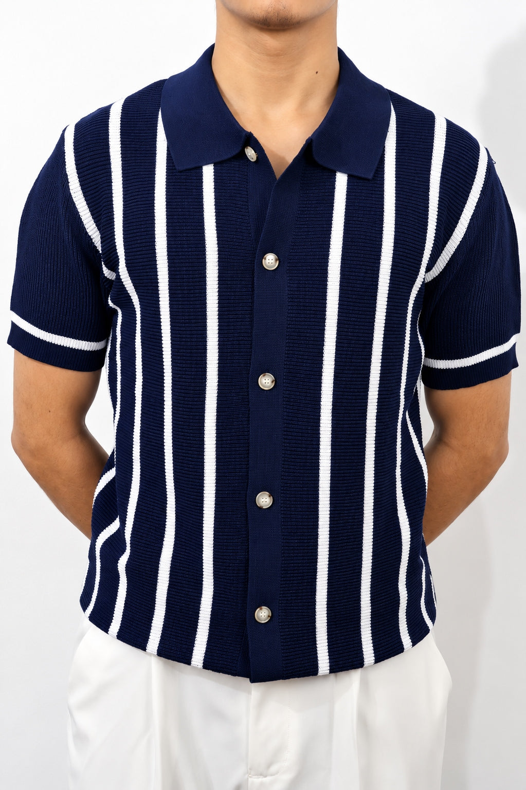 Men's Navy Striped Knit Button-Up Polo