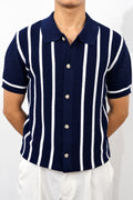 Men's Navy Striped Knit Button-Up Polo