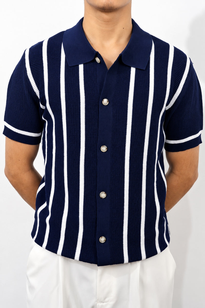 Men's Navy Striped Knit Button-Up Polo