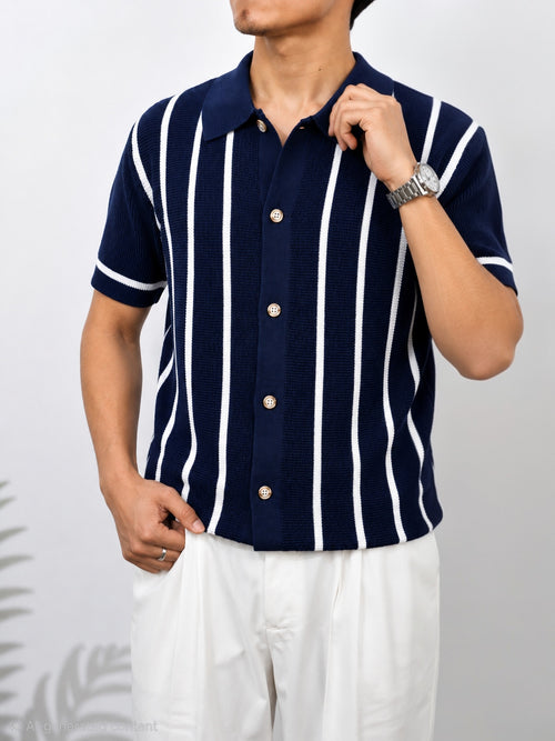 Men's Navy Striped Knit Button-Up Polo